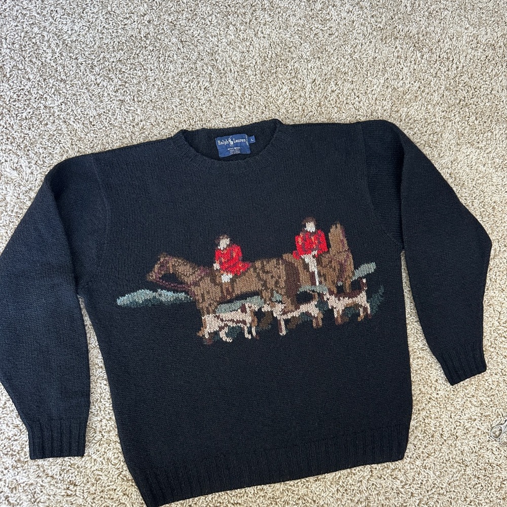 RARE - RALPH LAUREN Vtg Equestrian Horse English Hunt Wool Hand Knit Sweater L - Picture 3 of 15